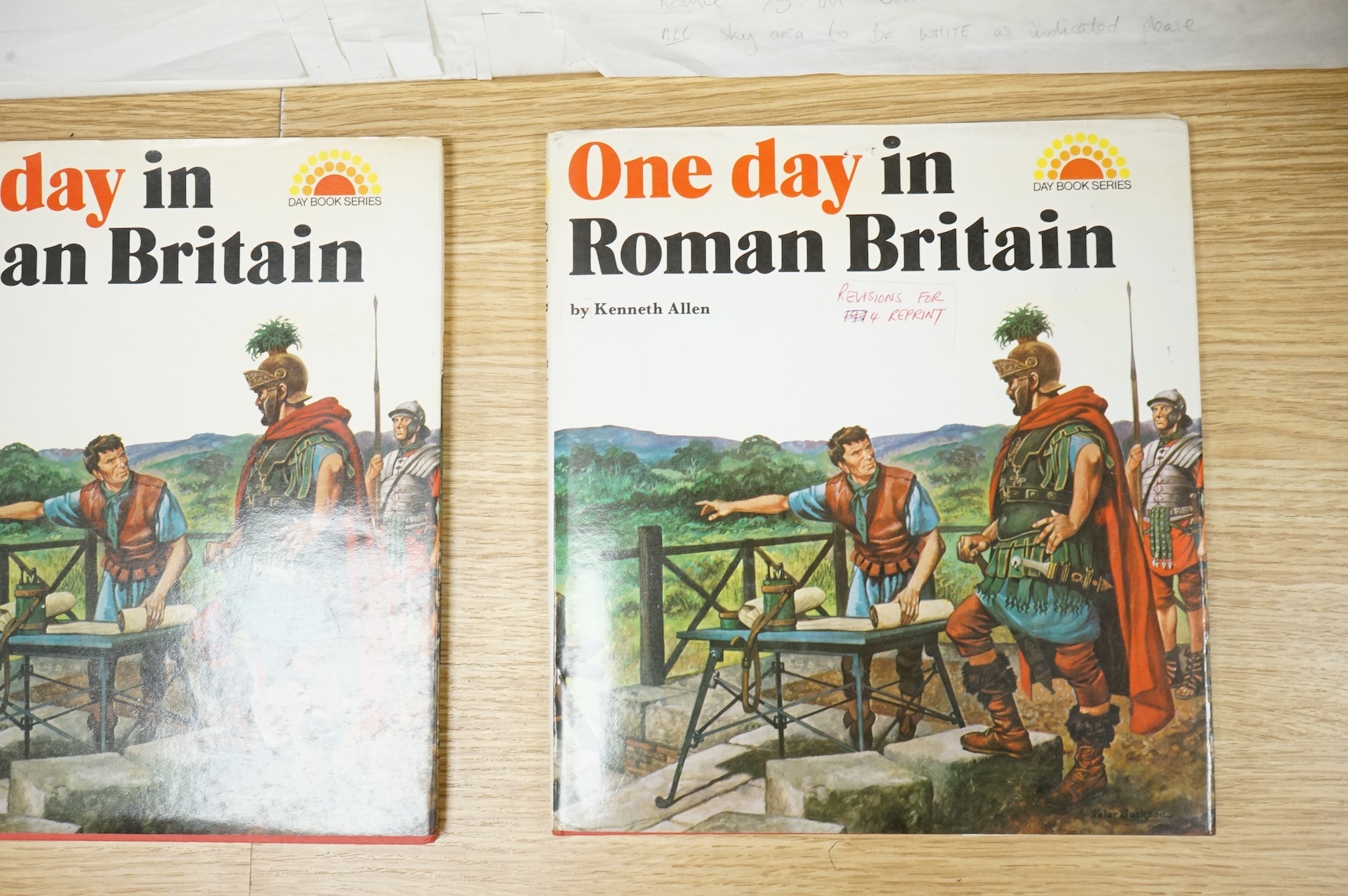 Peter Jackson (1922-2003), Illustrations from 'One day in Roman Britain' to include Portrait studies, Roman wall and Roman Baths, six watercolours, largest 34 x 71cm, unframed, together with two copies of the original bo